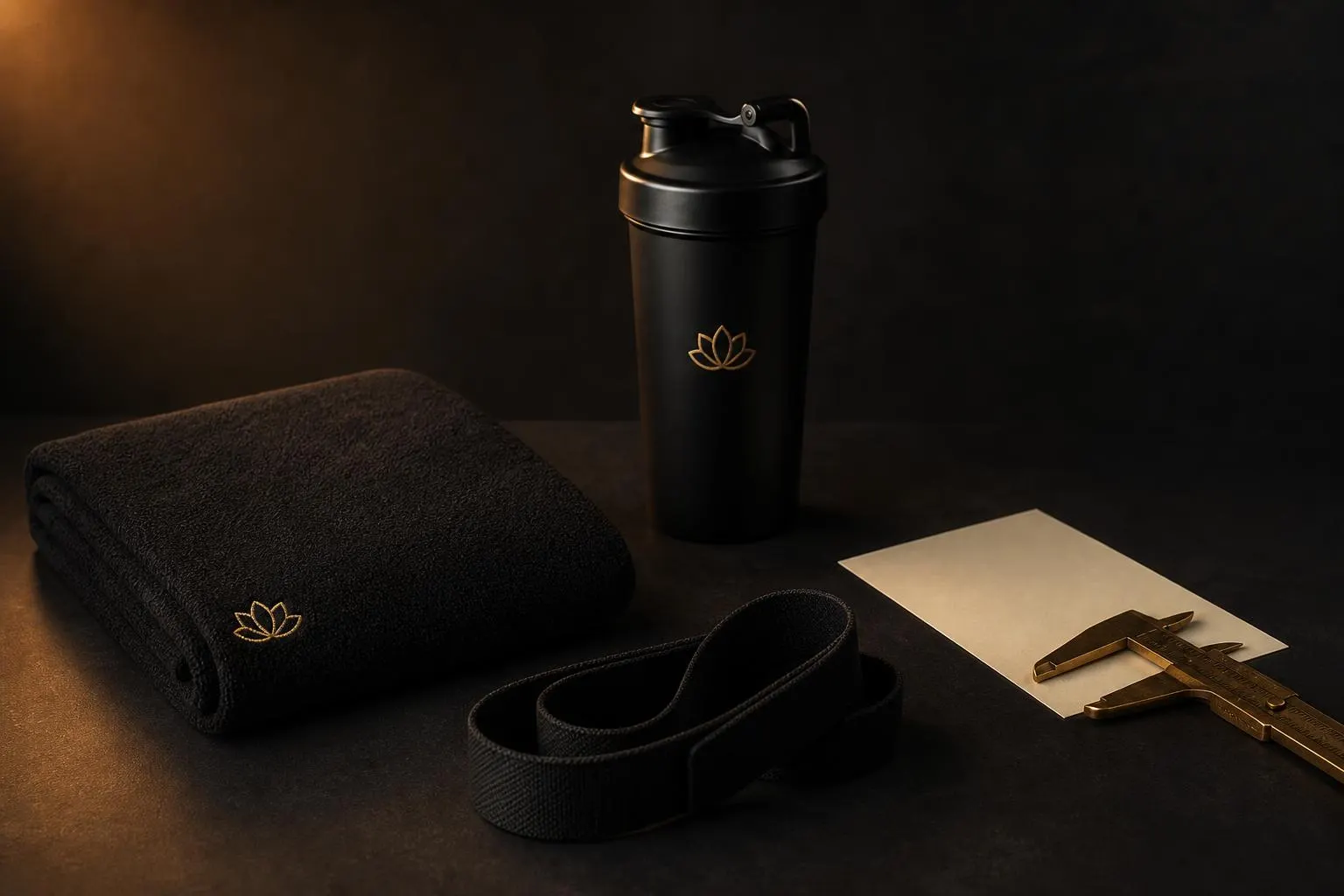 Sourcing desk: folded matte-black studio towel with antique-gold lotus mark, matte-black shaker bottle, coiled fabric resistance band, blank ivory specification card, and an antique-brass precision caliper under warm rim light.