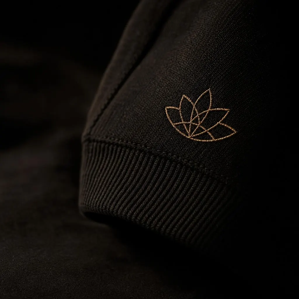 Macro of blank woven labels, antique-gold and ivory embroidery thread spools, a black drawcord with a metal aglet tip, and a stitched charcoal textile sample.