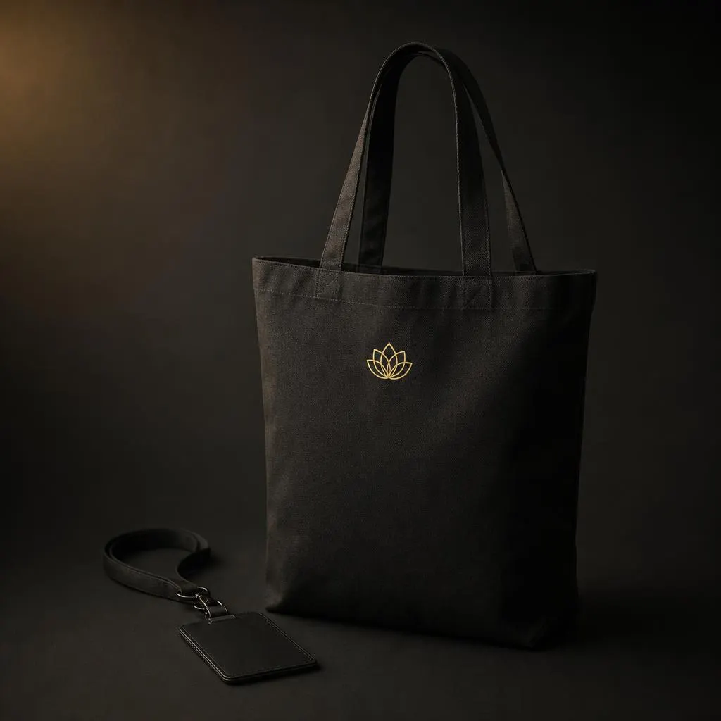 Premium launch-kit sourcing tray with a blank charcoal lanyard, blank ivory event badge cards, a folded canvas tote swatch, a matte-black token blank, kraft sample tags, and folded gold-foil tissue.
