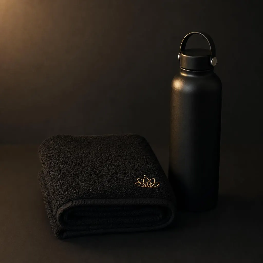 Charcoal sample tray with a folded matte-black gym towel, a coiled black strap, a matte rubber grip section, and blank kraft sample tags.