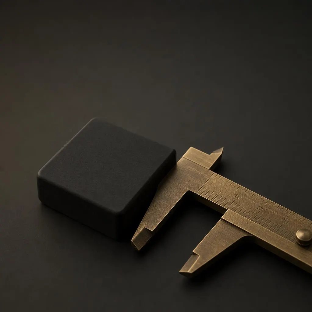 Curated specification-led sourcing tray of grip-texture rubber samples, charcoal fabric swatches, a kraft packaging insert, a blind-embossed lotus spec card, brushed-brass calipers and ruler, and blank kraft sample tags.