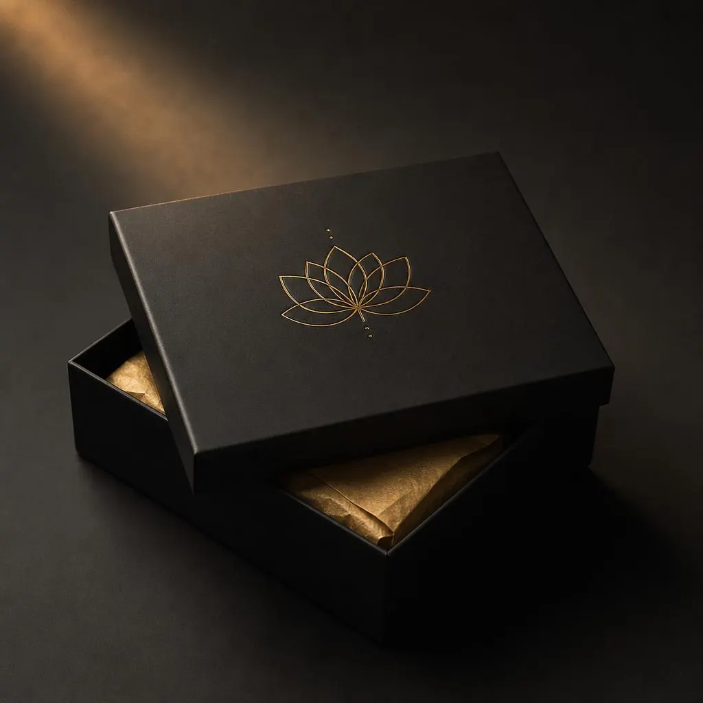 Matte black rigid gift box with warm gold tissue paper, a blind-embossed lotus insert card, a kraft packaging sleeve, a black lacquer finish swatch, and a slim brushed-brass ruler.