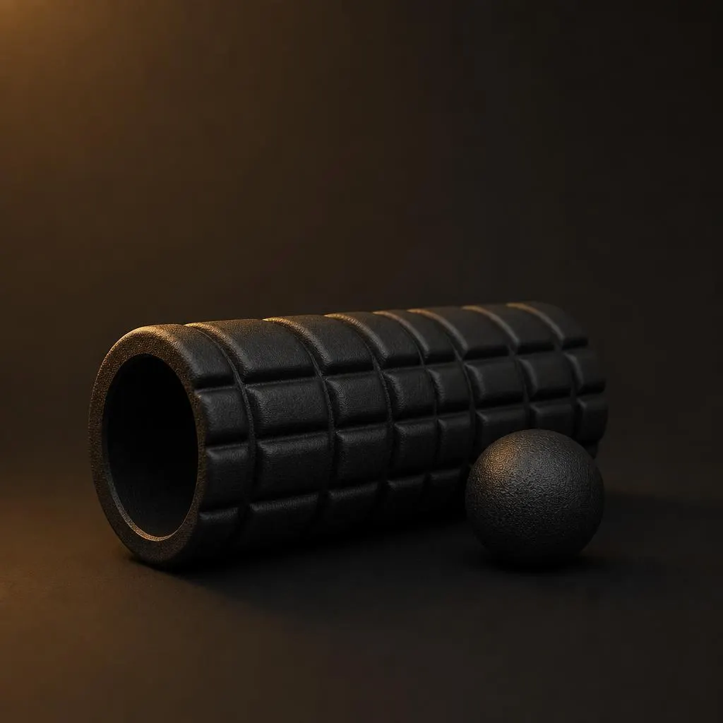 Matte black foam roller, massage ball, recovery node tool, finish swatches, and a blank ivory QC card on a charcoal desk with a thin brushed brass meridian arc.