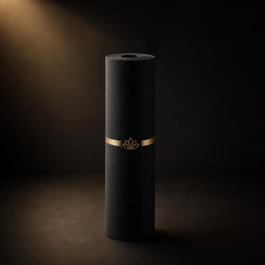 Stack of folded matte-black studio towels with a blank signage plate, mat material swatches, a charcoal storage bin sample, a brushed-brass facility hook, and blank kraft QC tags.