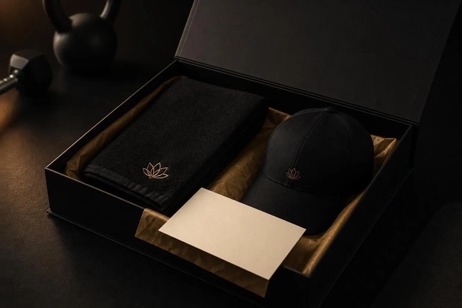 A finished branded sample kit inside an open matte-black presentation box: a folded matte-black gym towel and athletic cap with antique-gold lotus marks, a blank ivory project brief card on warm gold tissue paper.