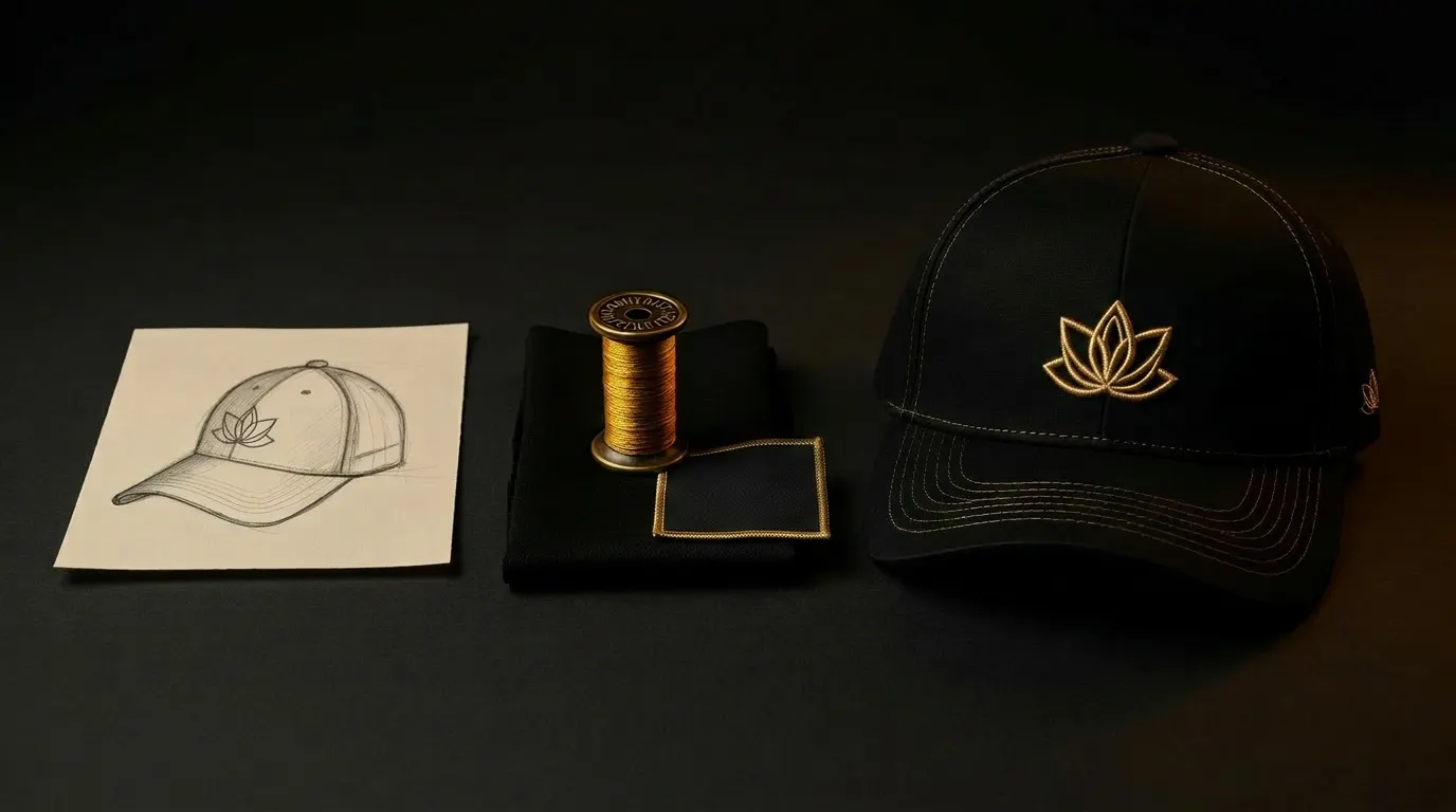 A pencil concept sketch of an athletic cap on ivory paper beside an antique-gold embroidery thread spool on a black fabric swatch, next to a finished matte black studio cap with a subtle gold lotus mark embroidered on the front panel.